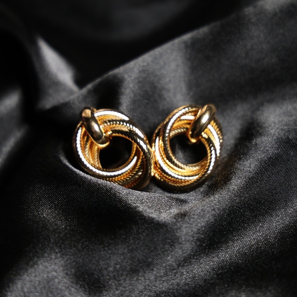 Gold Stainless Steel Interlocked Triple Hoop Stud Earrings Textured Door Knocker